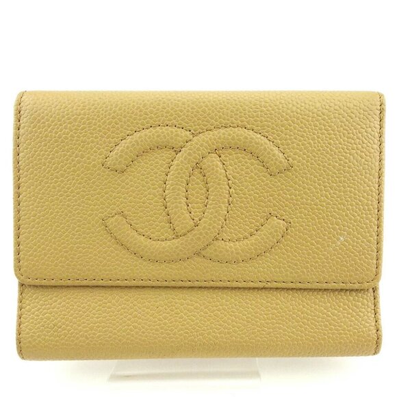 Authenticity guaranteed CHANEL tri-fold wallet Coco Mark beige caviarskin USED - Picture 1 of 10